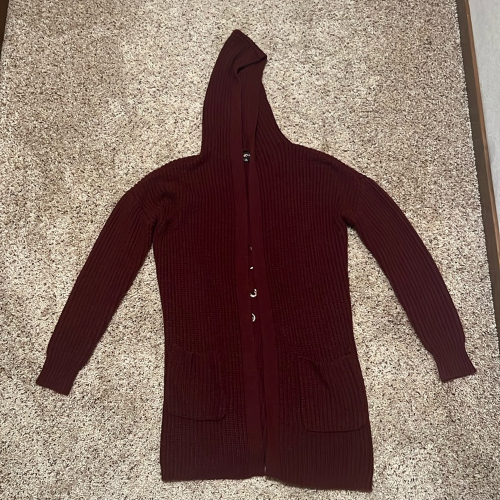Almost Famous Maroon Hooded Cardigan in Size Small